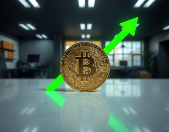 Bitcoin coin with green upward arrow on clean surface, representing bullish market forecast.