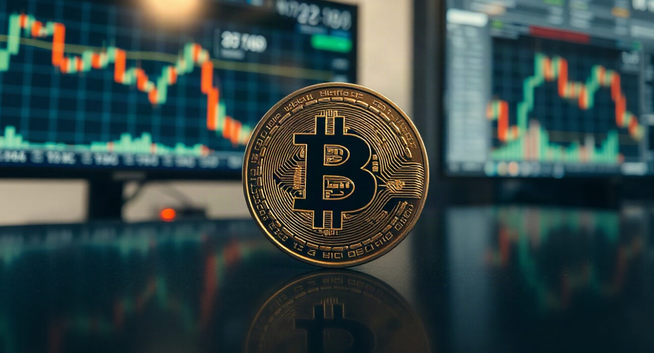 Bitcoin coin in a trading environment with chart monitors in background