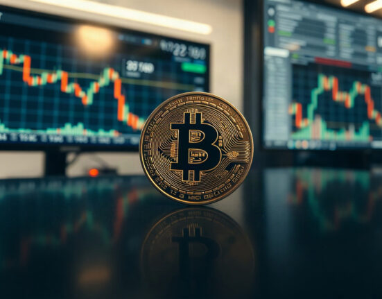 Bitcoin coin in a trading environment with chart monitors in background
