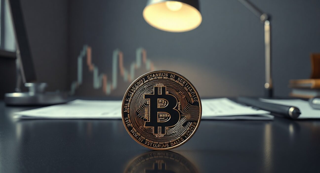 Bitcoin coin on reflective surface with subtle upward chart in background, representing improving demand.