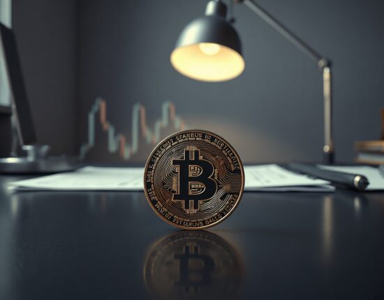 Bitcoin coin on reflective surface with subtle upward chart in background, representing improving demand.