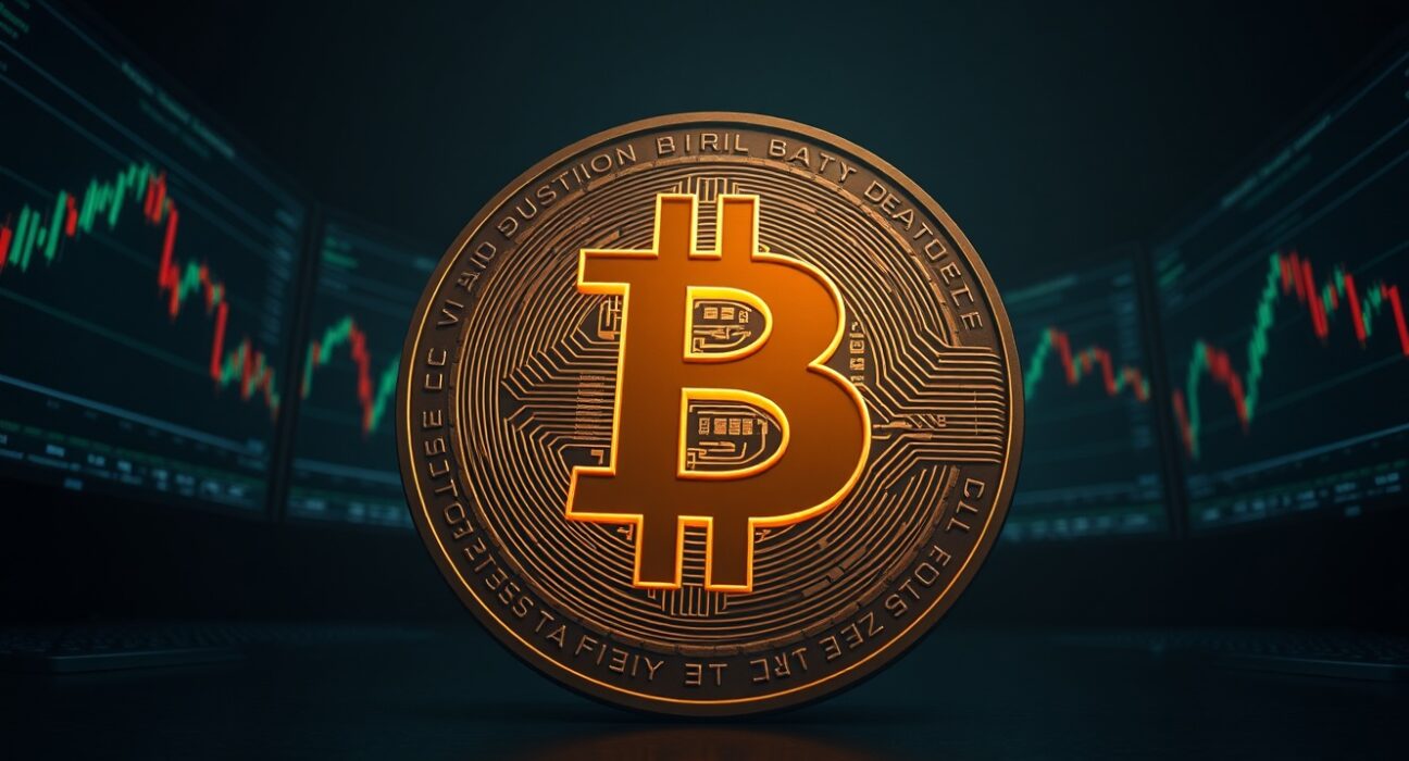 Bitcoin coin with dimmed glow on a dark trading floor with monitors showing downward charts