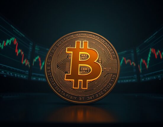 Bitcoin coin with dimmed glow on a dark trading floor with monitors showing downward charts