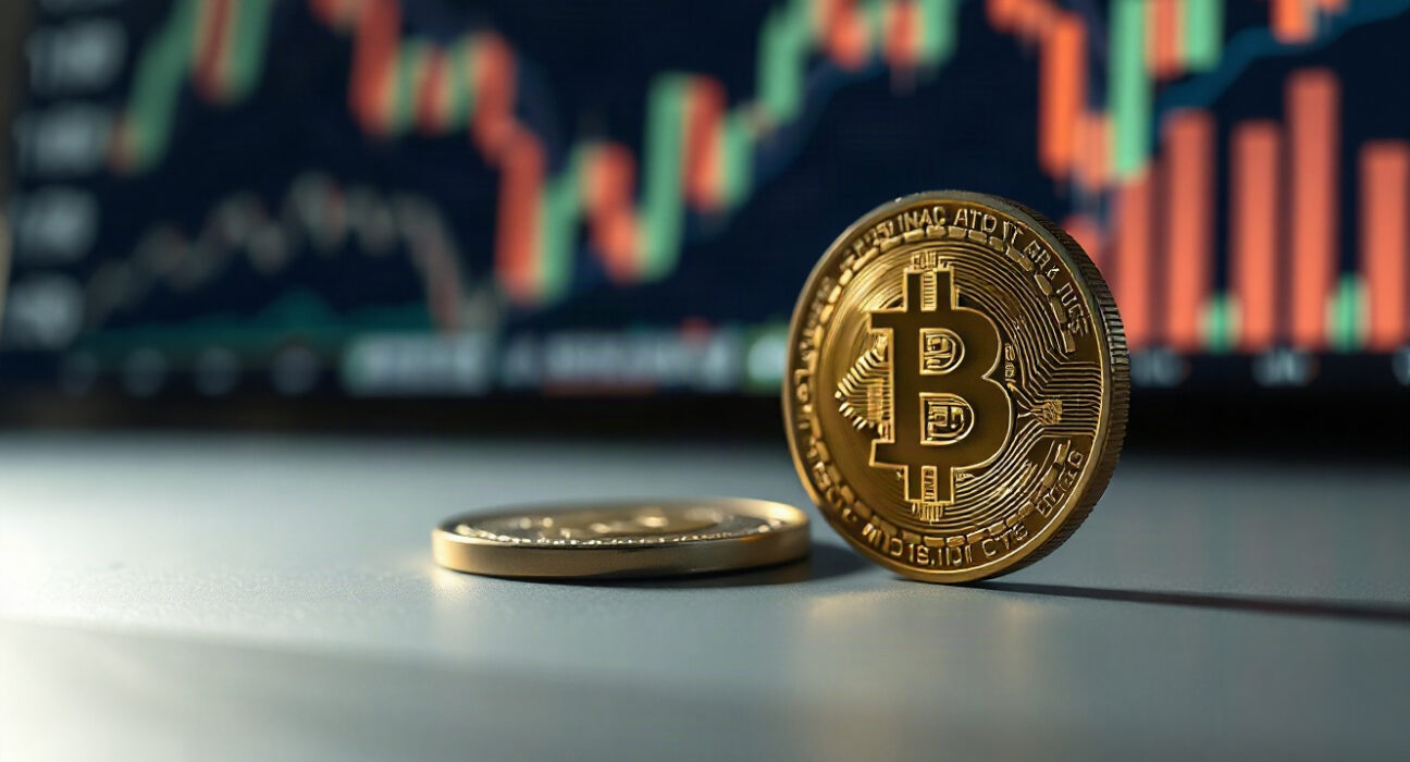 Bitcoin coin with blurred charts in background representing market demand analysis
