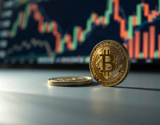 Bitcoin coin with blurred charts in background representing market demand analysis