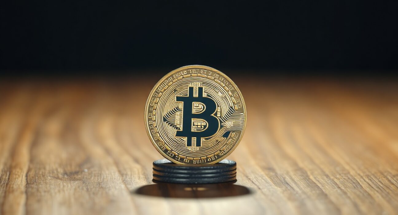 Bitcoin coin on edge of table in dark, moody lighting symbolizing market uncertainty