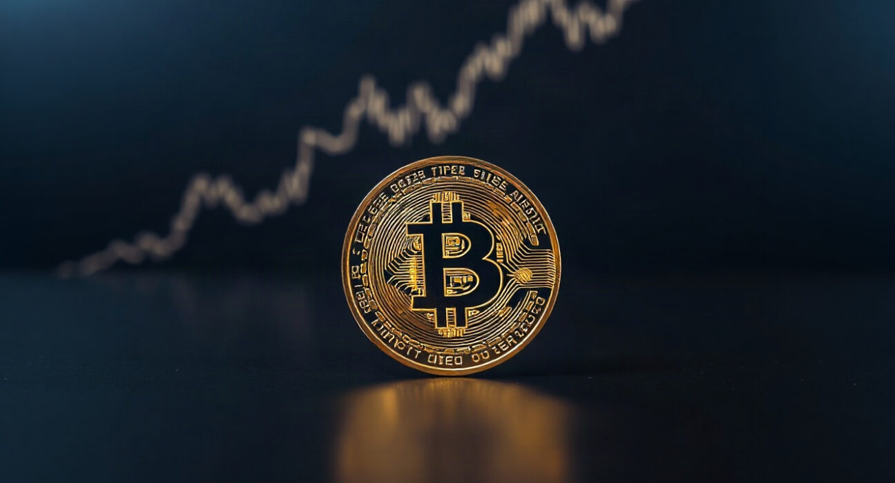 Bitcoin coin on reflective surface with price chart in background