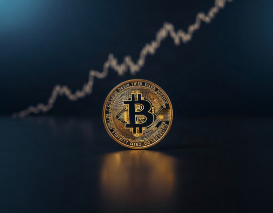 Bitcoin coin on reflective surface with price chart in background