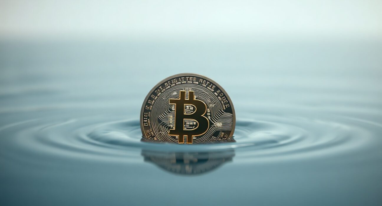 Bitcoin coin submerged in water representing an undervalued market zone