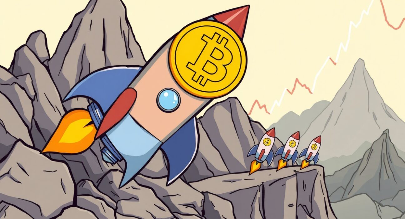 A determined Bitcoin rocket prepares for launch, symbolizing the journey towards a new Bitcoin ATH, with altcoins patiently waiting.