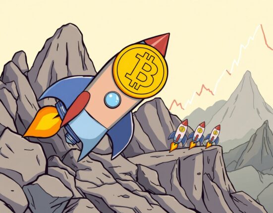 A determined Bitcoin rocket prepares for launch, symbolizing the journey towards a new Bitcoin ATH, with altcoins patiently waiting.