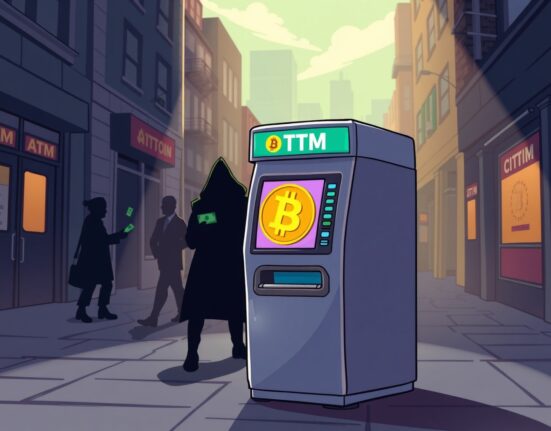 Bitcoin ATM money laundering scheme illustration showing suspicious transactions