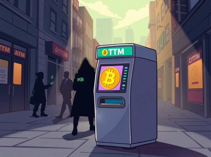 Bitcoin ATM money laundering scheme illustration showing suspicious transactions