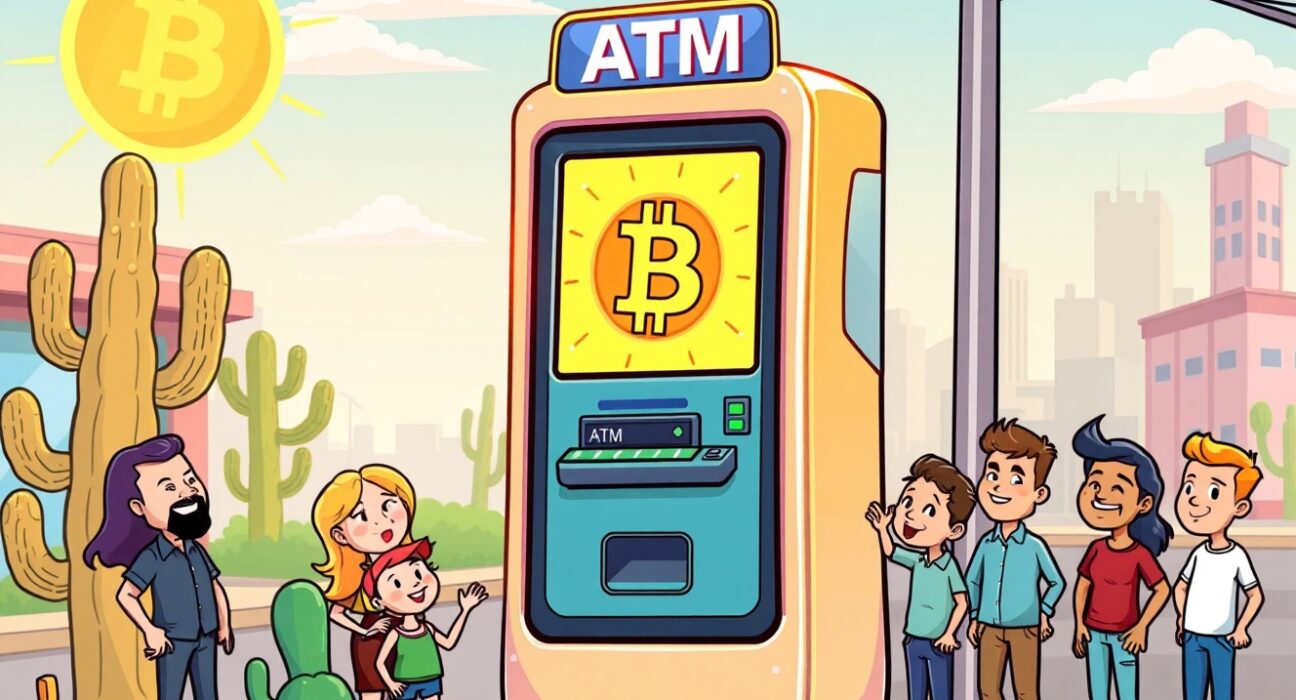 A vibrant cartoon illustration of a new Bitcoin ATM providing easy cryptocurrency access on a Texas street corner.