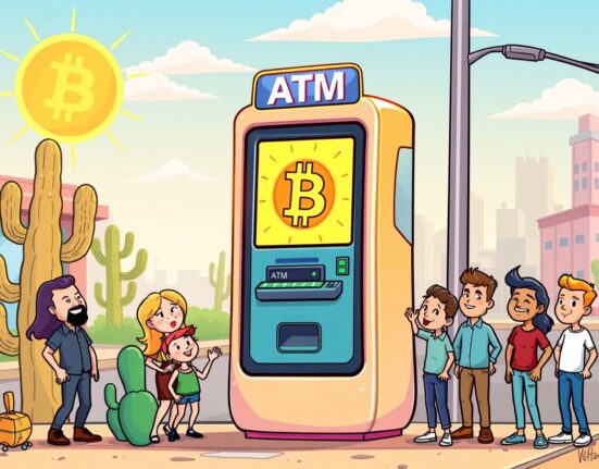 A vibrant cartoon illustration of a new Bitcoin ATM providing easy cryptocurrency access on a Texas street corner.