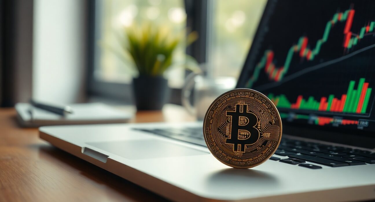 Bitcoin coin on a desk with a laptop showing a trading chart in the background