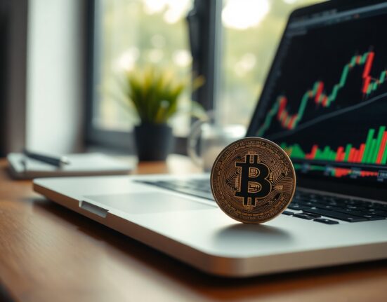 Bitcoin coin on a desk with a laptop showing a trading chart in the background