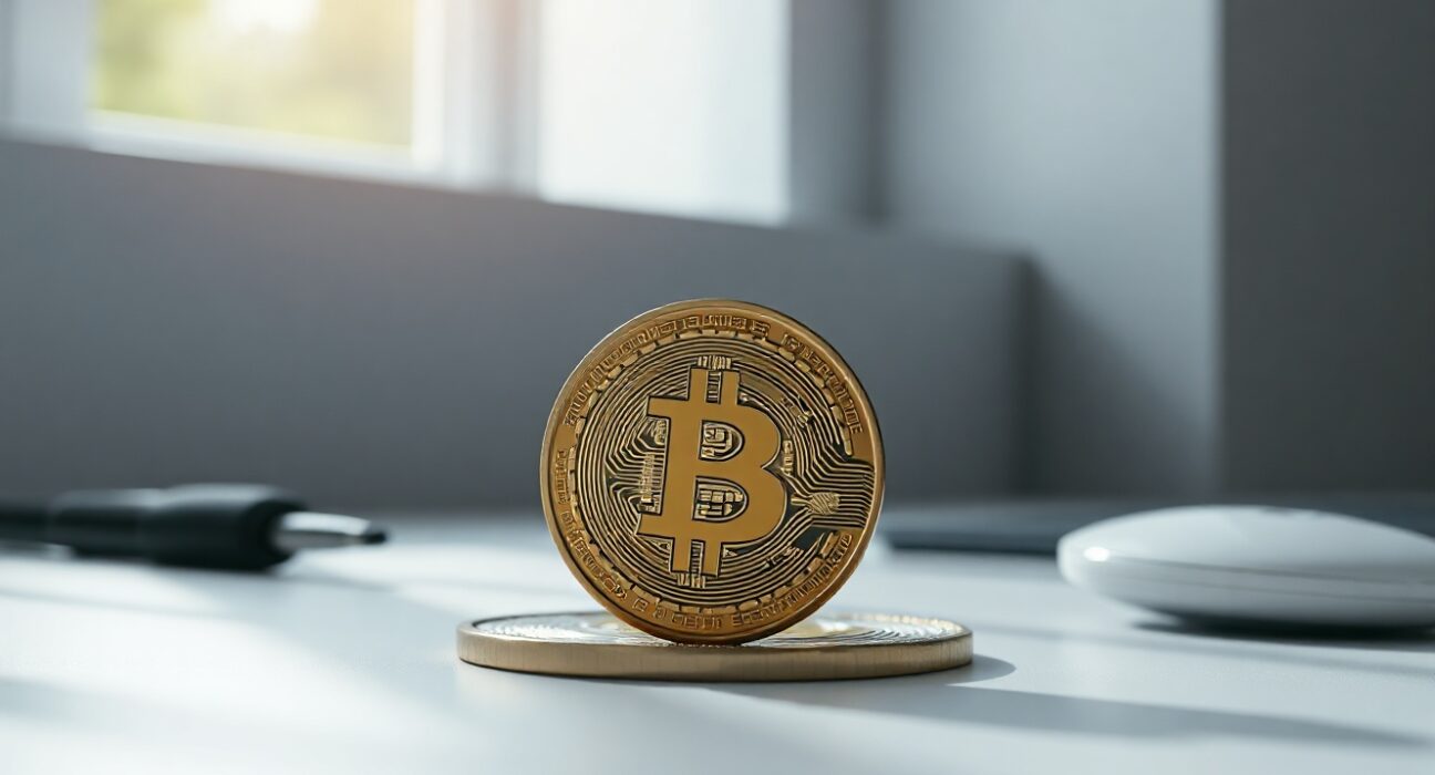 Bitcoin coin on desk with subtle chart in background, representing market analysis