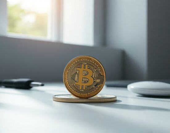 Bitcoin coin on desk with subtle chart in background, representing market analysis
