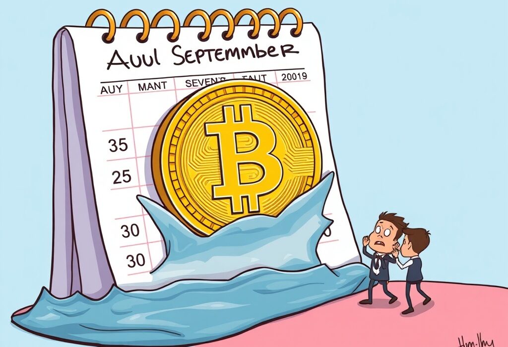 A cartoon illustrating Bitcoin August September historical price decline, showing a Bitcoin coin sinking into a calendar.
