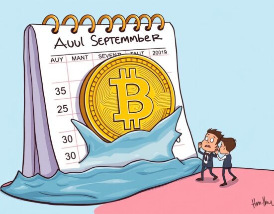 A cartoon illustrating Bitcoin August September historical price decline, showing a Bitcoin coin sinking into a calendar.