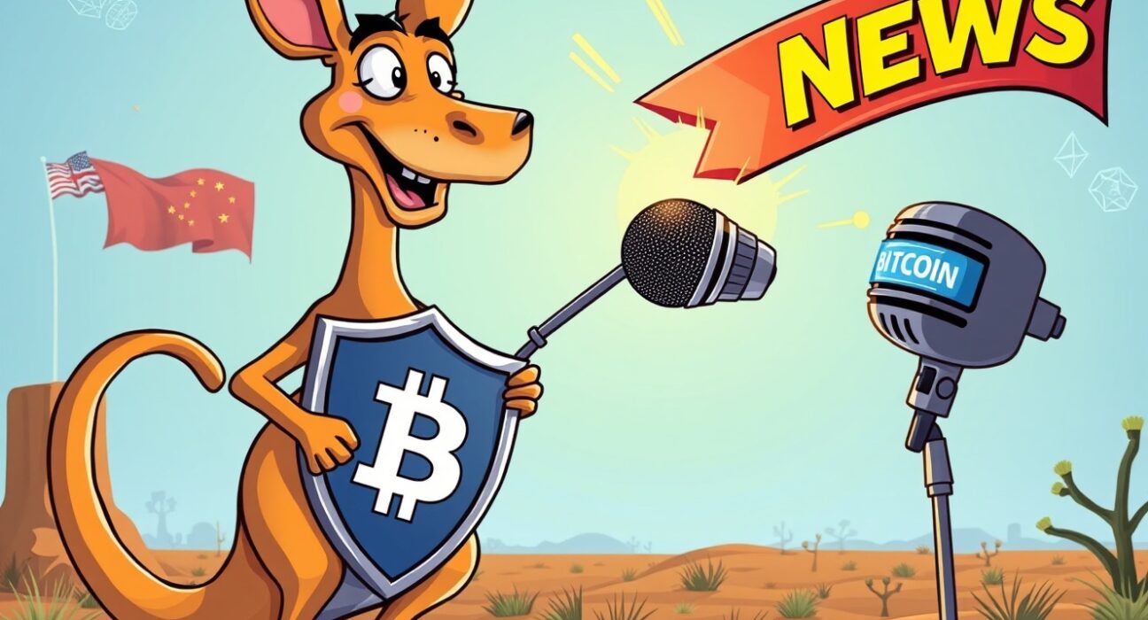 A cartoon kangaroo defending Bitcoin Australia against biased media coverage in a vibrant outback scene.