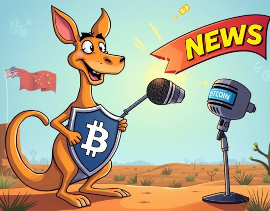 A cartoon kangaroo defending Bitcoin Australia against biased media coverage in a vibrant outback scene.