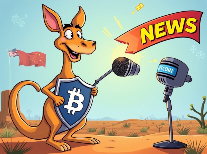 A cartoon kangaroo defending Bitcoin Australia against biased media coverage in a vibrant outback scene.