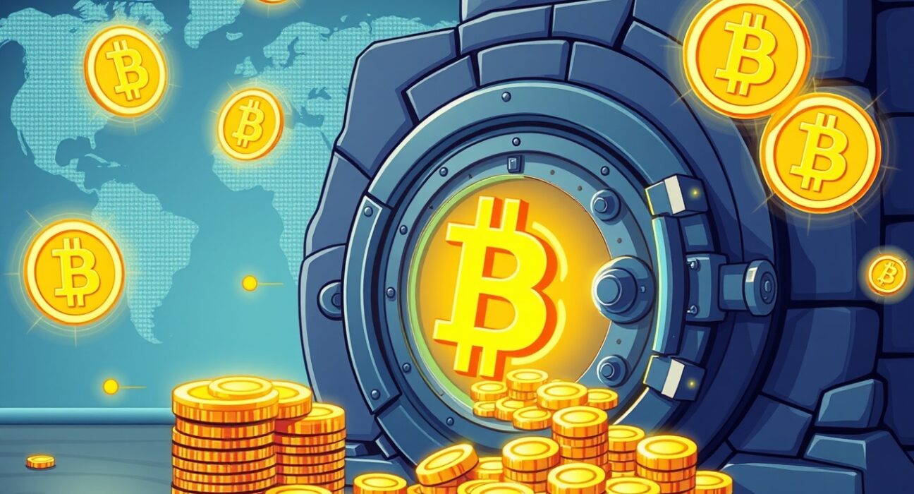 Illustration of Bitcoin-backed bank accounts securing global financial capital with digital collateral.