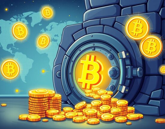 Illustration of Bitcoin-backed bank accounts securing global financial capital with digital collateral.