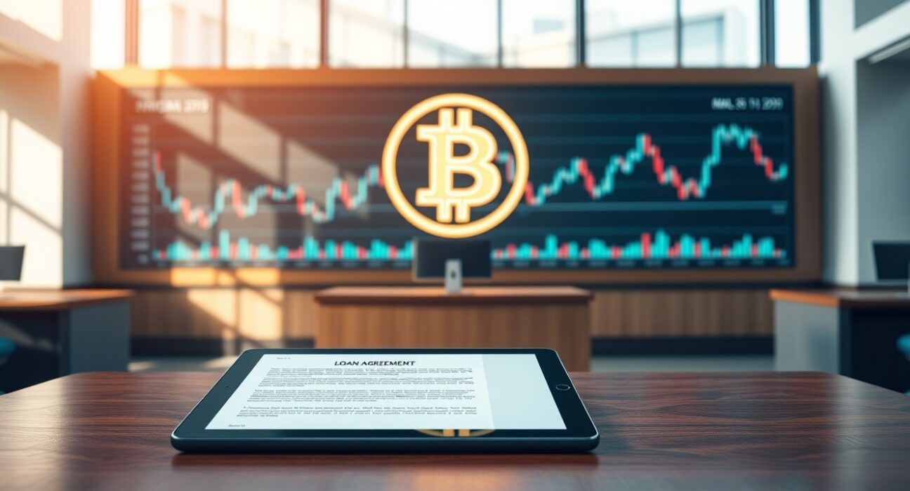 Professional bank interior with Bitcoin display and loan documents on desk