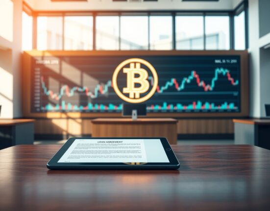 Professional bank interior with Bitcoin display and loan documents on desk