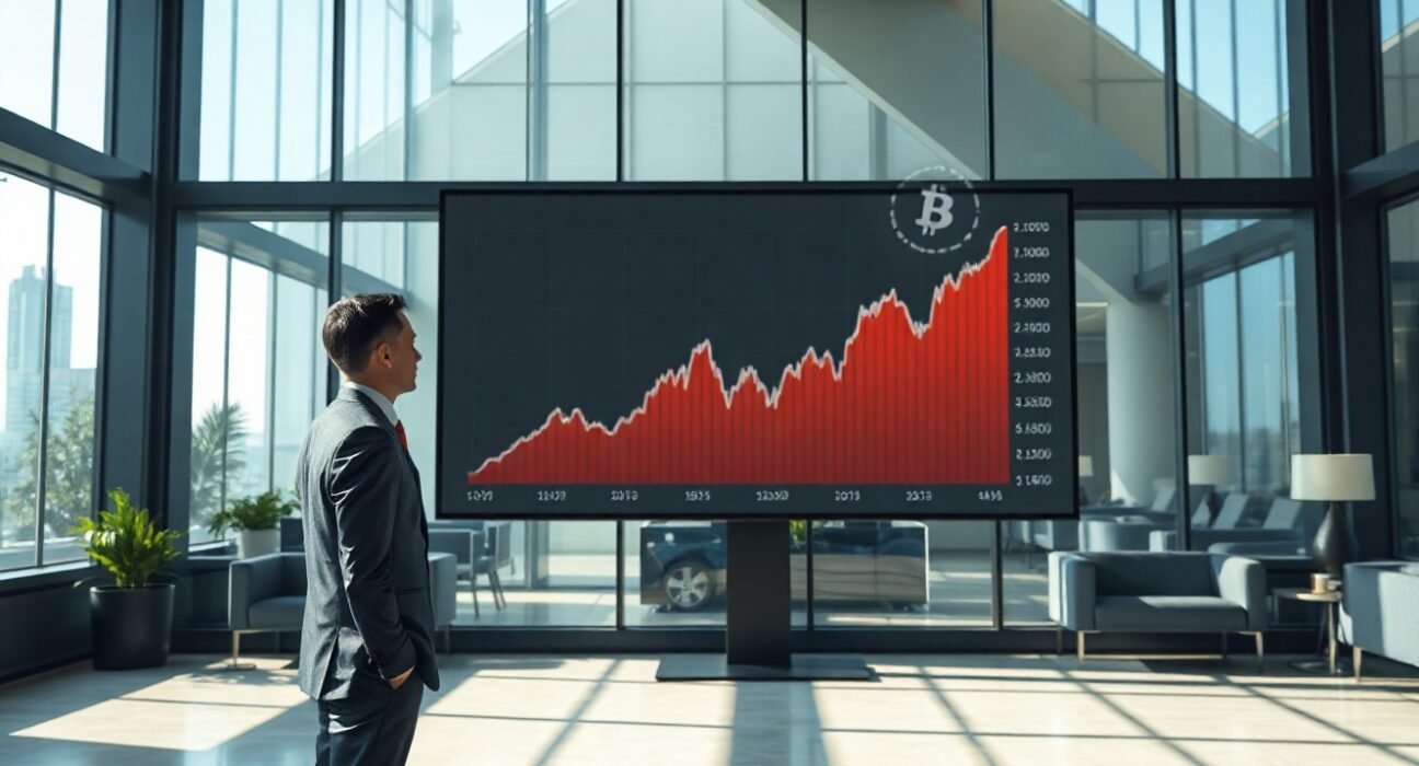 Financial analyst reviewing Bitcoin loan market growth projection on digital display in modern office