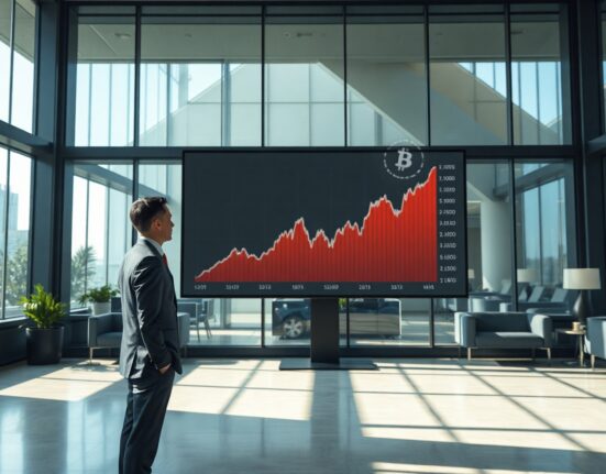 Financial analyst reviewing Bitcoin loan market growth projection on digital display in modern office
