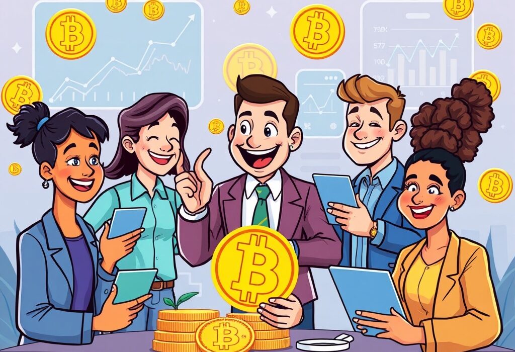 A cartoon illustration showing small businesses thriving with new Bitcoin banking services, symbolizing financial innovation and growth.