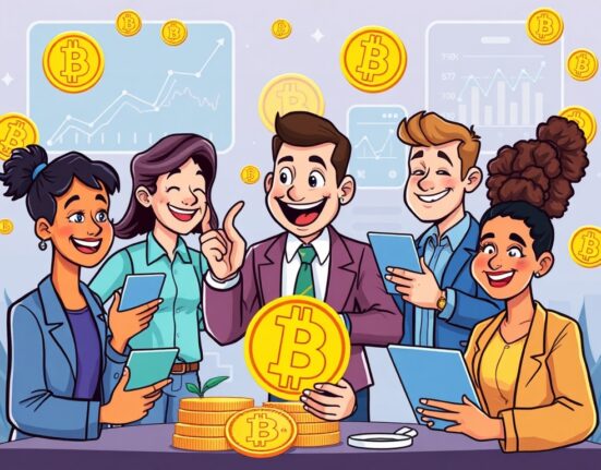 A cartoon illustration showing small businesses thriving with new Bitcoin banking services, symbolizing financial innovation and growth.