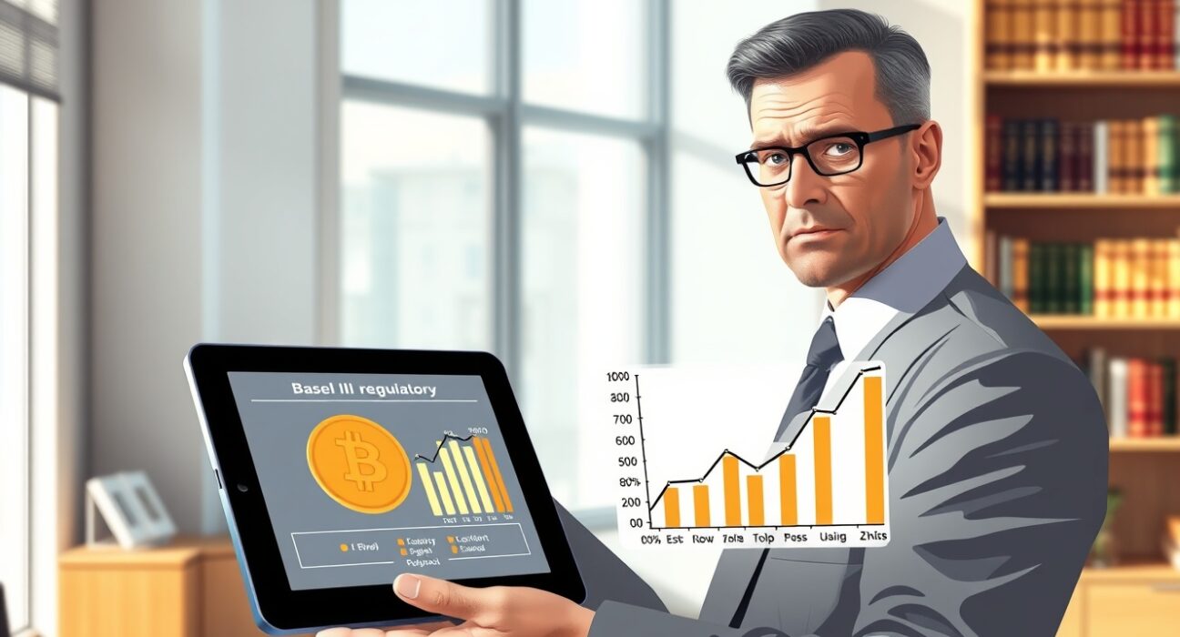 Financial expert analyzing Bitcoin Basel III regulations with concerned expression about unclear capital requirements