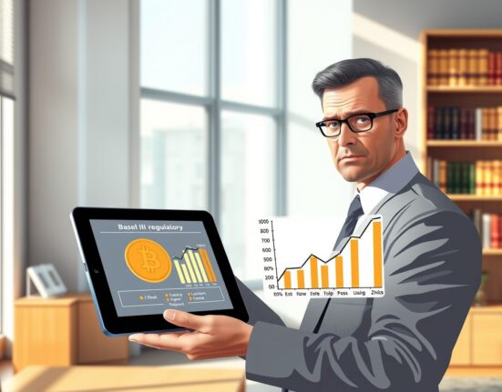 Financial expert analyzing Bitcoin Basel III regulations with concerned expression about unclear capital requirements