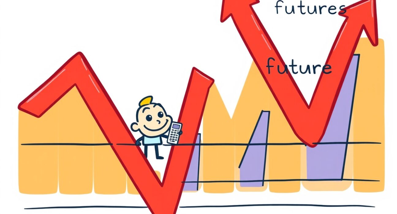 Cartoon illustrating a successful Bitcoin Basis Trade ETF strategy, showing profit from spot and futures market differences.