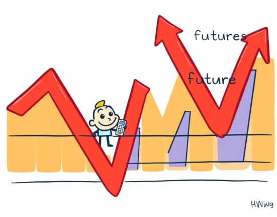 Cartoon illustrating a successful Bitcoin Basis Trade ETF strategy, showing profit from spot and futures market differences.