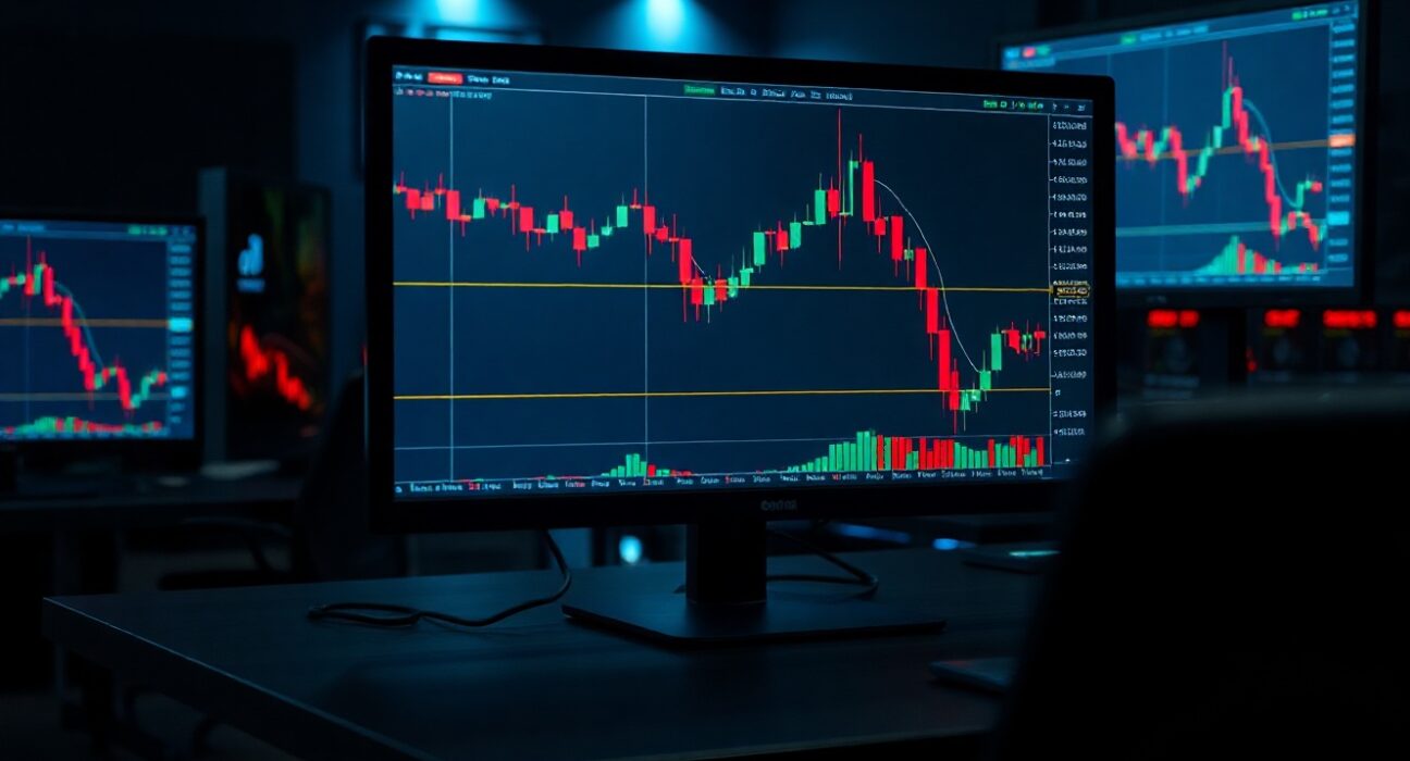 Trading desk with monitors showing Bitcoin bear flag chart pattern and declining price action