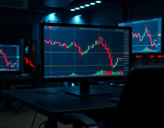 Trading desk with monitors showing Bitcoin bear flag chart pattern and declining price action