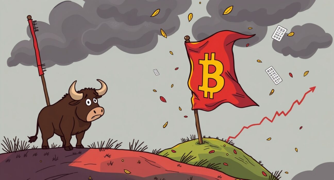 A cartoon illustration warning of a Bitcoin bear flag pattern signaling potential price decline.