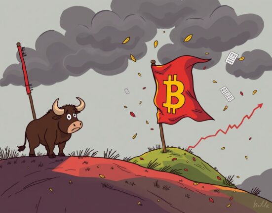 A cartoon illustration warning of a Bitcoin bear flag pattern signaling potential price decline.