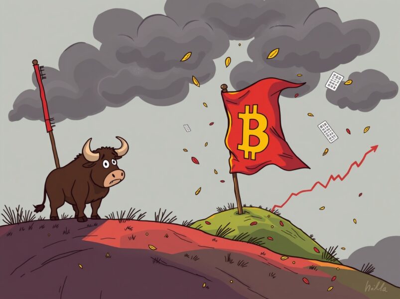 A cartoon illustration warning of a Bitcoin bear flag pattern signaling potential price decline.