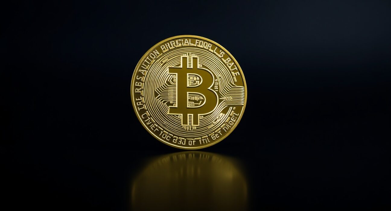 Bitcoin coin on dark reflective surface with dim lighting, representing bear market conditions.