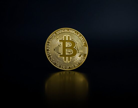 Bitcoin coin on dark reflective surface with dim lighting, representing bear market conditions.