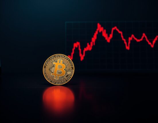 Bitcoin coin on a trading desk with a downward trendline chart, representing the $82K resistance level needed to end the bear market.