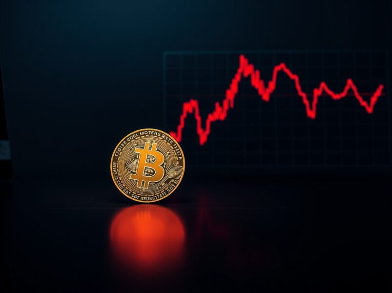 Bitcoin coin on a trading desk with a downward trendline chart, representing the $82K resistance level needed to end the bear market.
