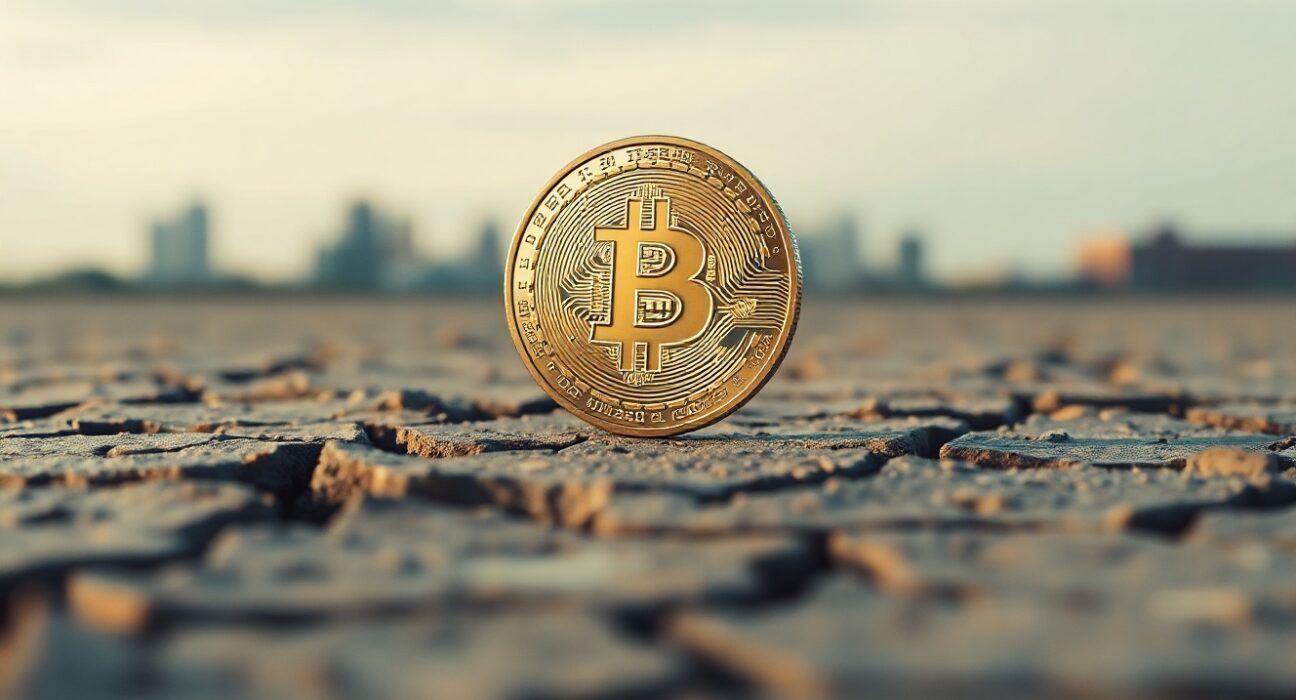 Bitcoin coin on cracked earth symbolizing market bottom conditions
